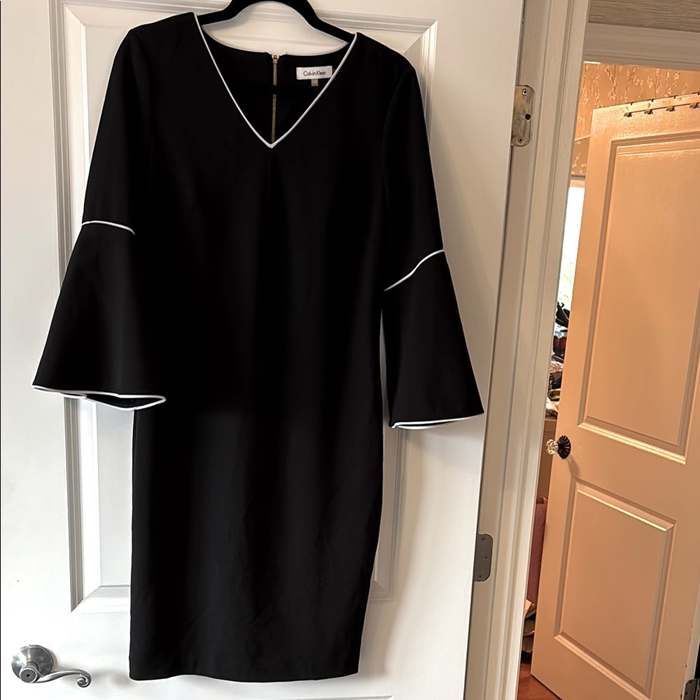 Calvin Klein Black Sheath Dress with White Trim Bell Sleeves